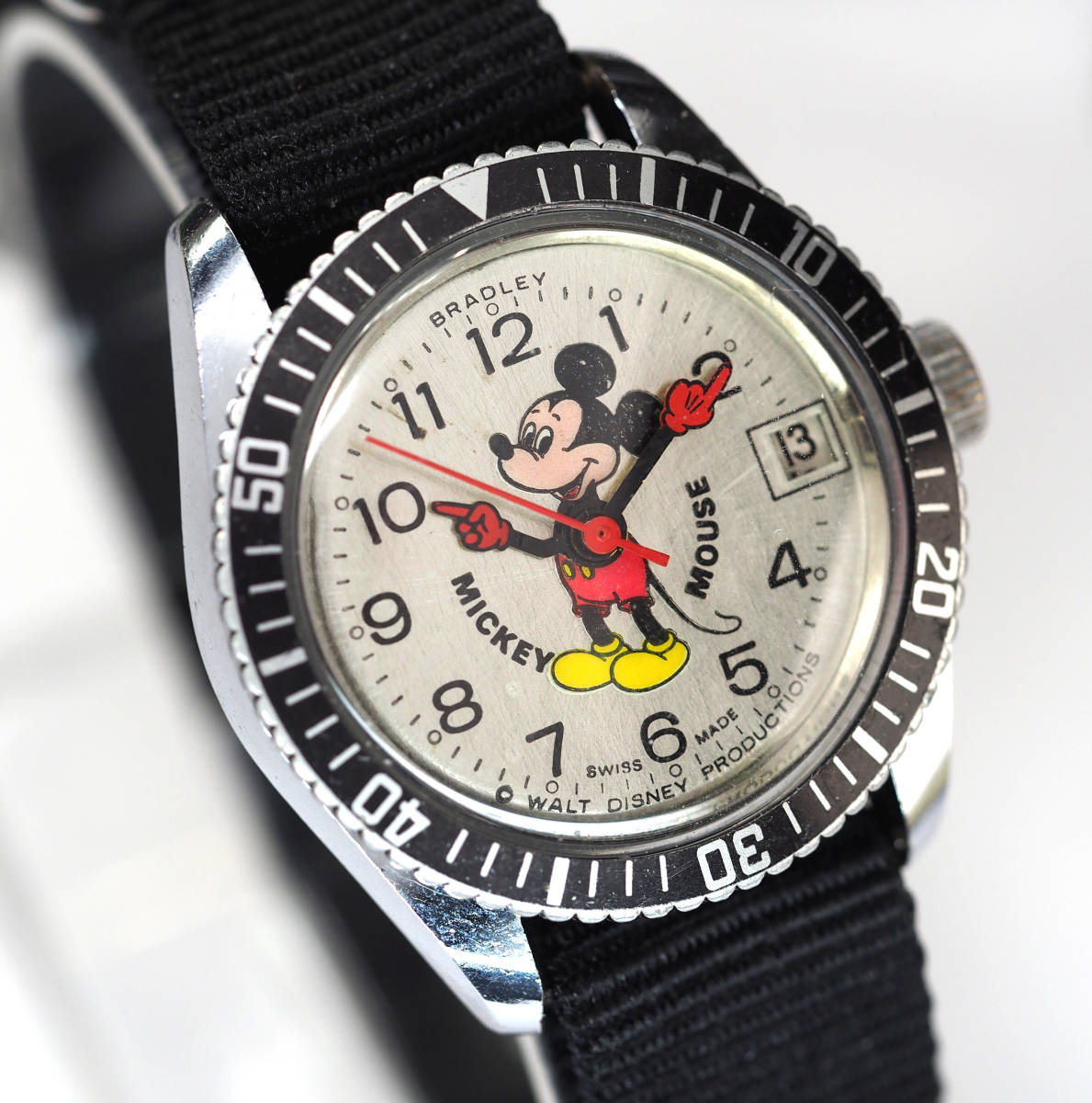 整備済 希少稼働 ミッキーマウス ダイバーズウォッチ 1970年代 機械式手巻き 腕時計 ベルト新品 ダイバー BRADLEY ブラッドレイ ディズニーの画像2