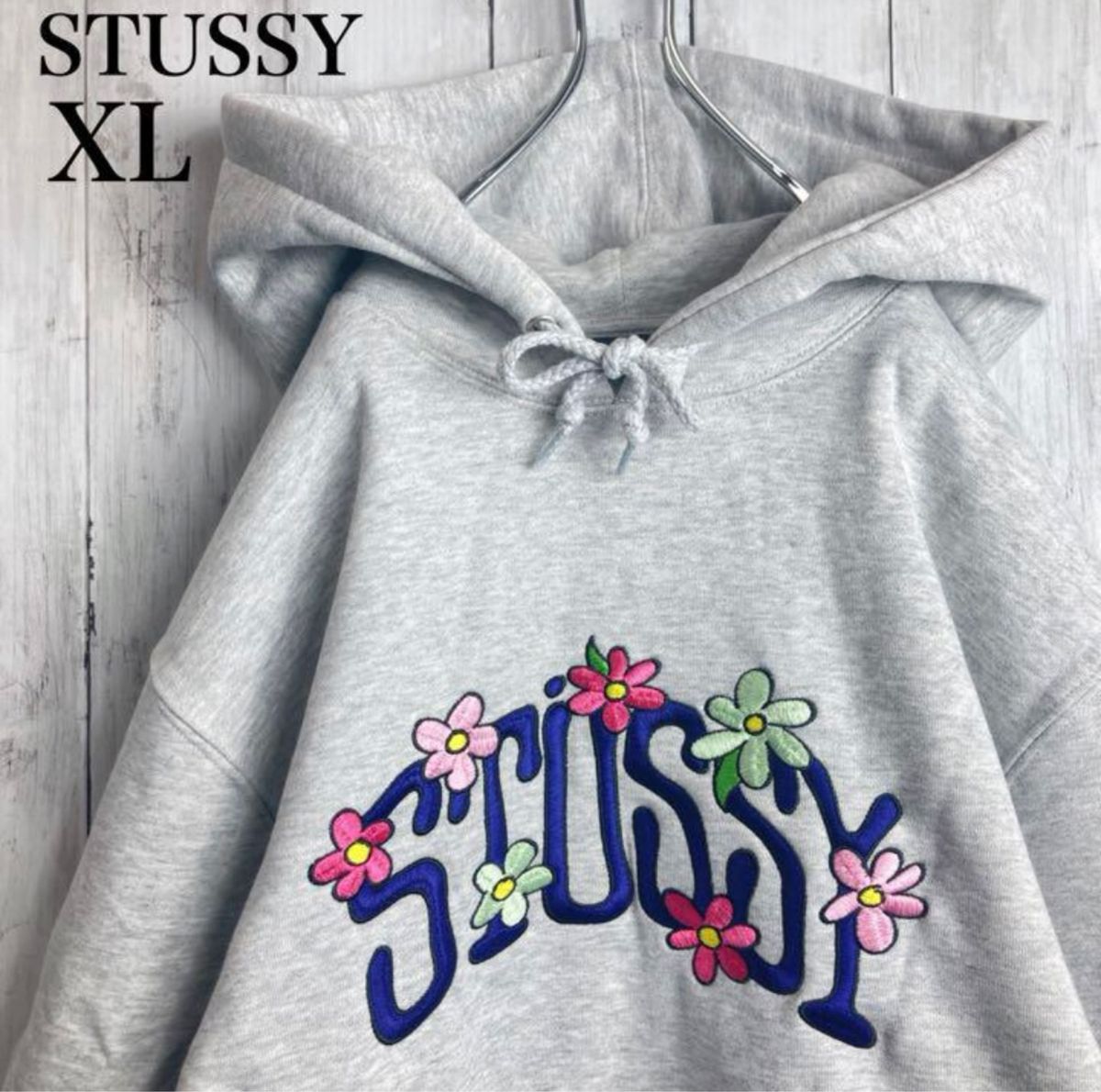 大人気》stussy☆ステューシー XL ベロアパーカー ストックロゴ刺繍 紺-