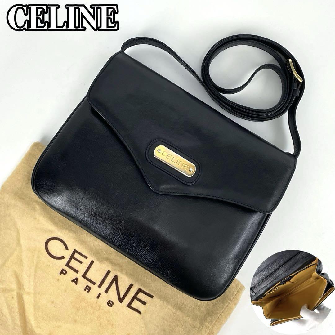 1円〜美品□CELINE セリーヌ ショルダーバッグ ロゴプレート ゴールド