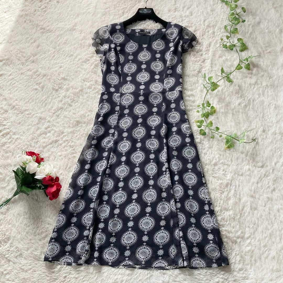 ローラアシュレイ シフォンフレアワンピース フレンチスリーブ 楊柳