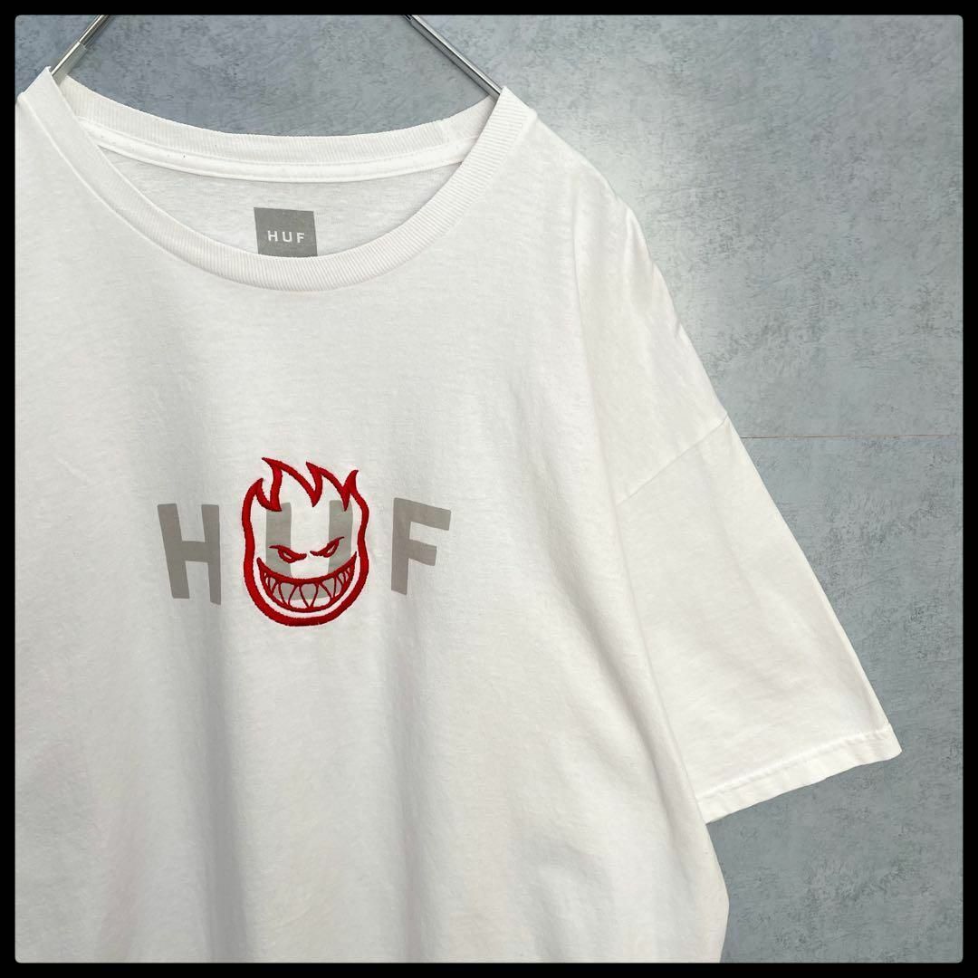 ハフ　スピットファイア　コラボ　ロゴ刺繍　センターロゴ　半袖Tシャツ　ホワイト　メンズ　Lサイズ　HUF　SPITFIRE