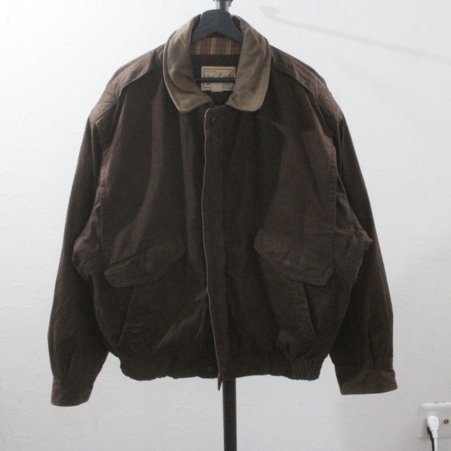 h221 90sビンテージ ウールリッチ WOOLRICH 襟レザー コットンジャケット■1990年代製 表記Lサイズ ブラウン アメカジ ビッグサイズ 80s _画像1