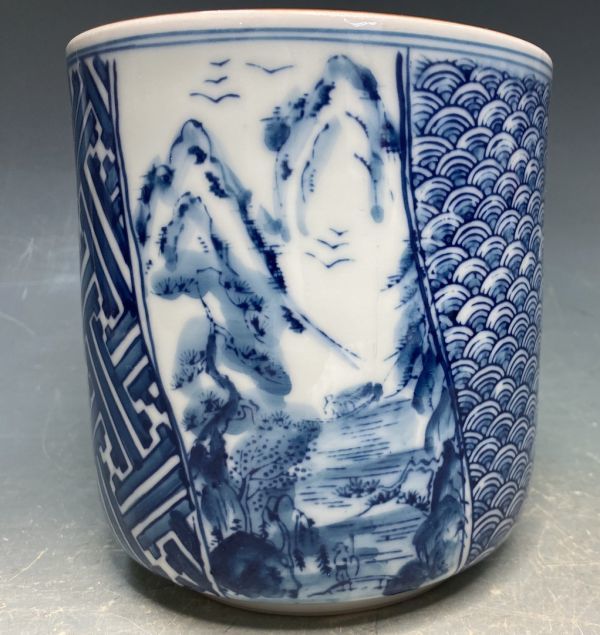 洞華「染付　山水　水指」 茶道具 青華 京焼 陶器 蓋付 茶会 高16cm y07177500_画像4