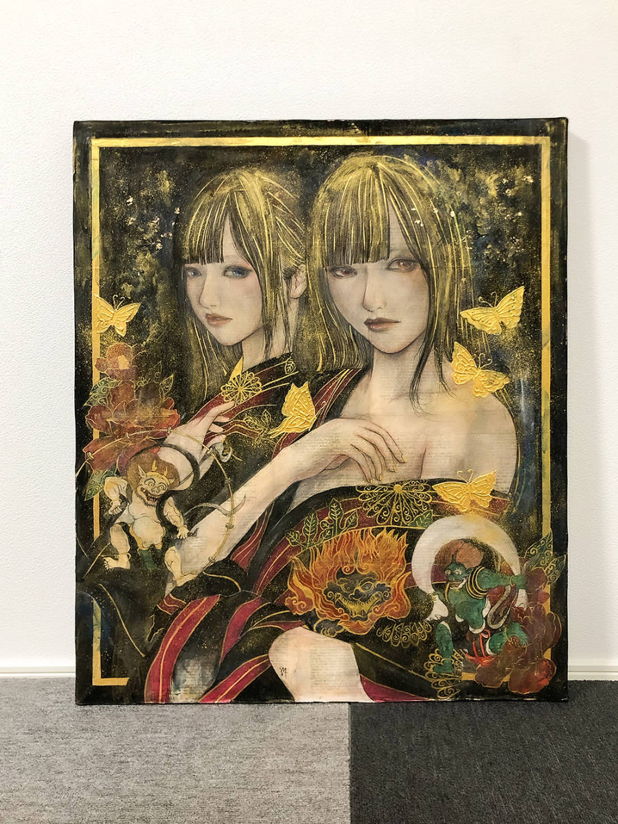 【日本画 真作】森田悠介 「Angelic Conversation」 F20号　◆美人画　◆人物画　◆肖像画_画像8