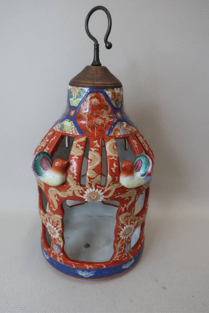 中国　吊り灯籠　陶器　籠陶器　蝋燭立て　高40センチ　在銘_画像1