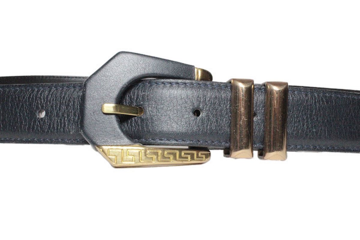 GIANNI VERSACE ジャンニヴェルサーチ メデューサ  グレカバックル レザー ベルト ネイビー ゴールド 80/32