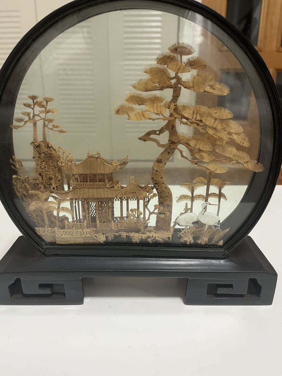 中国 工芸品 コルク 彫刻 置物 インテリア 楼閣 鶴 中国美術 オブジェ