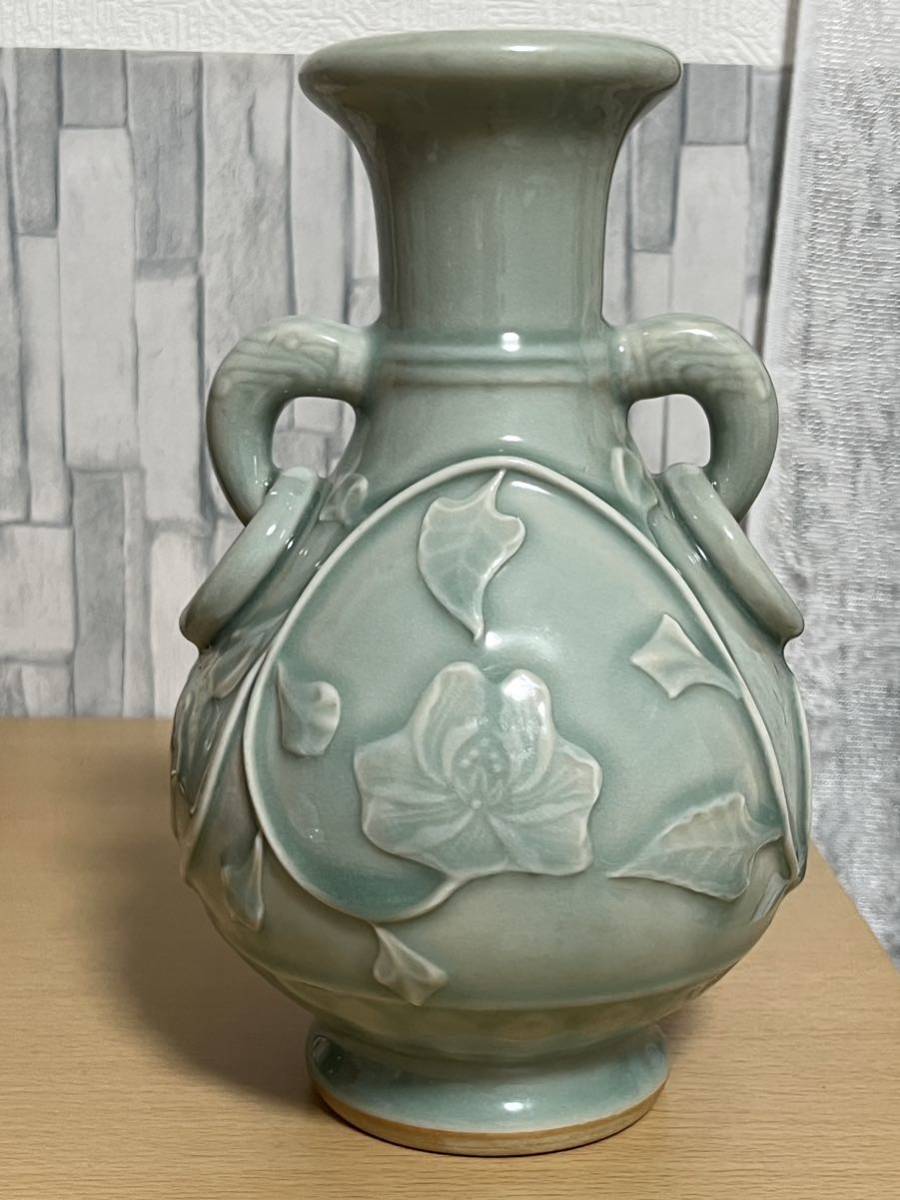 美品 唐草 骨董品 青磁刻花花瓶 古美術 中国美術 双耳 福寿瓶 龍泉窯