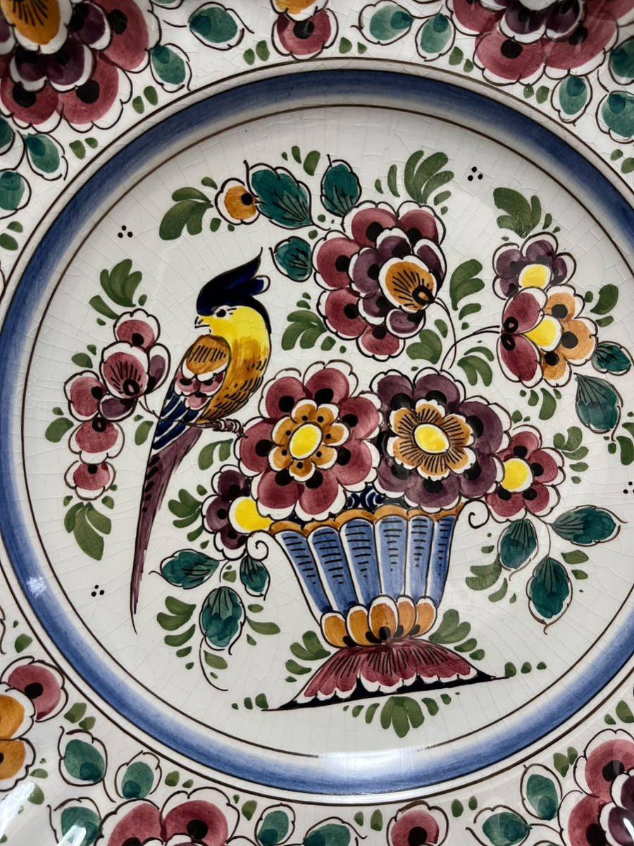 1950 年代のビンテージデルフト ポリクローム手描花鳥 大皿セラミックプレートの画像4