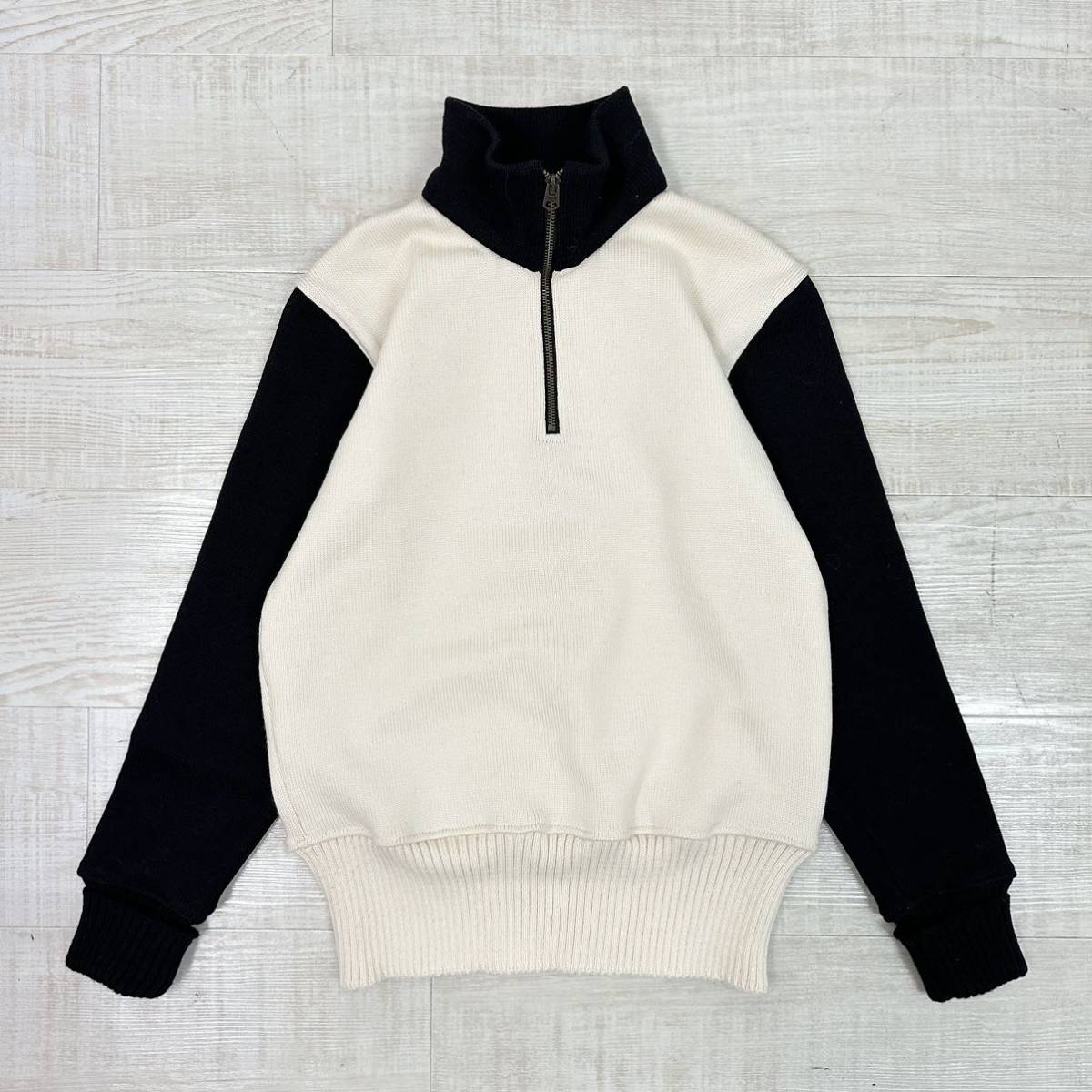 美品 Dehen TWO TONE MOTORCYCLE SWEATER ディーエン ツートン モーターサイクル セーター ハーフジップ プルオーバー size S 定価56.100円_画像2