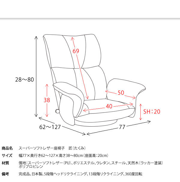 日本製高級座椅子 スーパーソフトレザー ハイバック ザイス 合成皮革ワインレッド色 回転肘付き_画像9