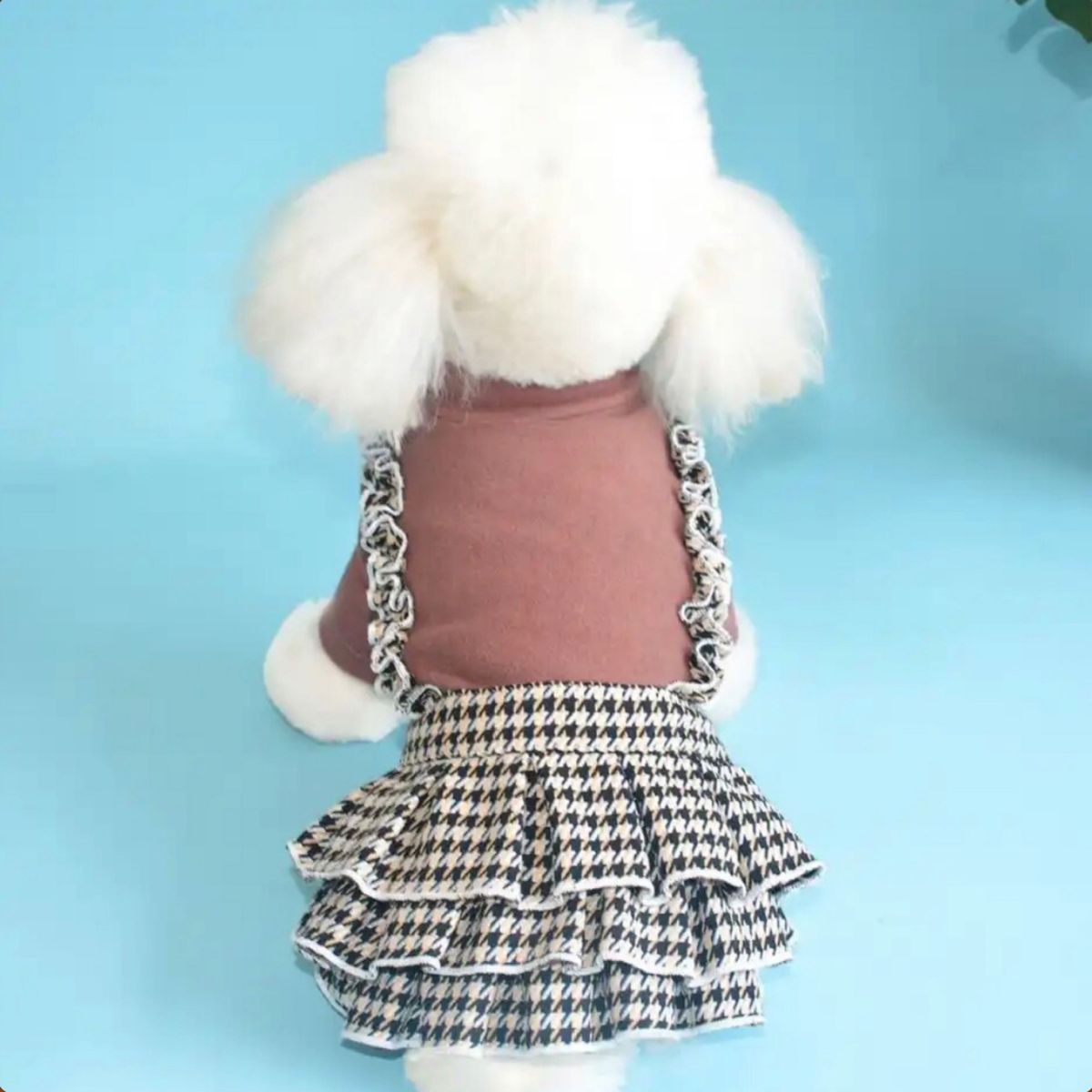 小型犬 犬服 秋冬 千鳥格子 スカート フリル ブラウン 茶色 ワンピース ドッグウェア Mサイズ M