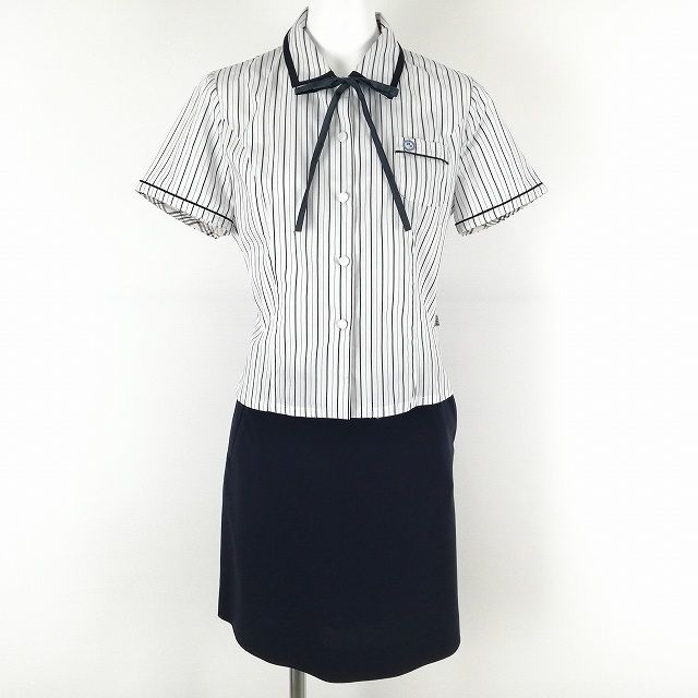 1円 韓国制服 ブラウス ミニスカート 紐タイ 上下3点セット 夏物 女子 学生服 中学 高校 ストライプ（白/青/黒） 制服 中古 ランクB KU0929_画像1