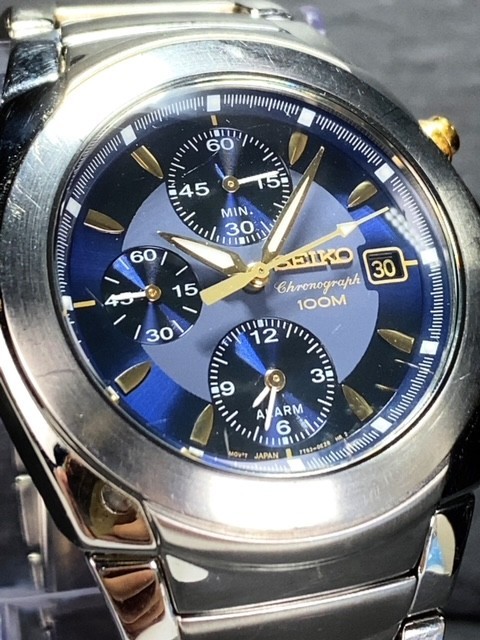 日本未発売 セイコー SEIKO クロノグラフ CHRONOGRAPH 7T62 メンズ 腕時計 アナログ ブルー文字盤 ビジネスウォッチ ブルー_画像3