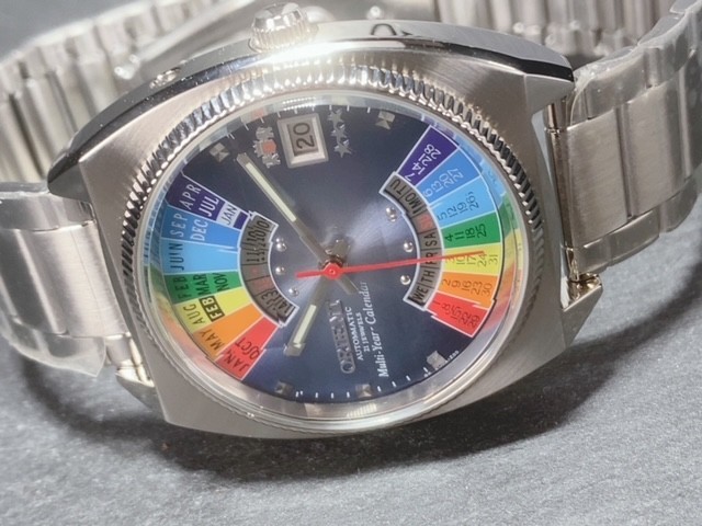 日本未発売 希少モデル 新品 ORIENT オリエント 万年カレンダー 自動巻き 機械式 腕時計 カットガラス ブルー EU04-C0 アンティーク_画像8