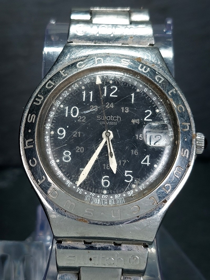 SWATCH スウォッチ IRONY アイロニー AG2003 メンズ 腕時計 カレンダー シルバー ブラック文字盤 クォーツ 新品電池交換済み 動作確認済み_画像1