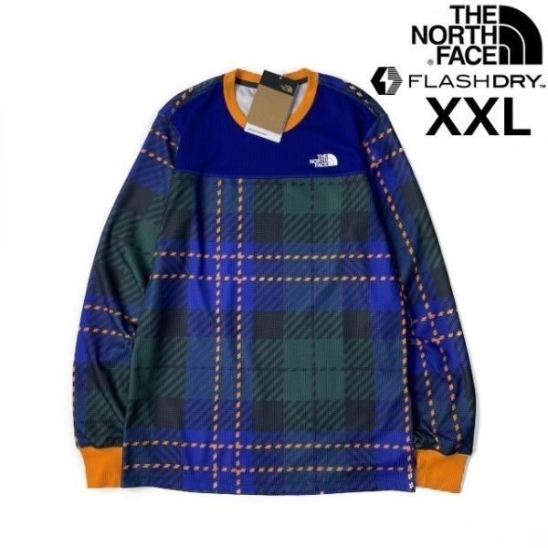 1円～!売切!【正規新品】THE NORTH FACE◆PRINT WAFFLE BL SET 長袖 Tシャツ ロンT US限定 ワッフル 速乾(XXL)青 緑 チェック柄 180902-38_画像1