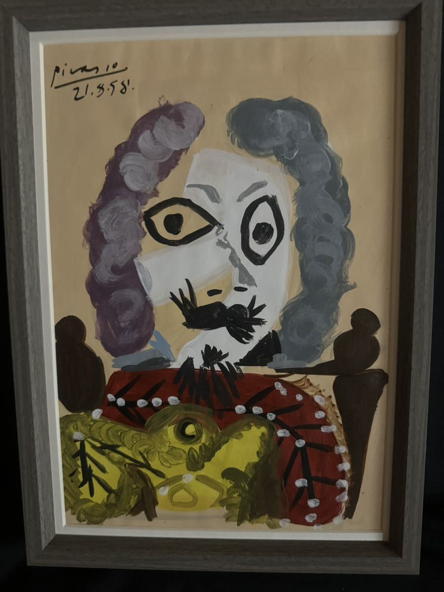貴重肉筆！ パブロ ピカソ Picasso 1958年 額装 ミックスドメディア 　オルセー美術館認証票 公式印有り_画像3