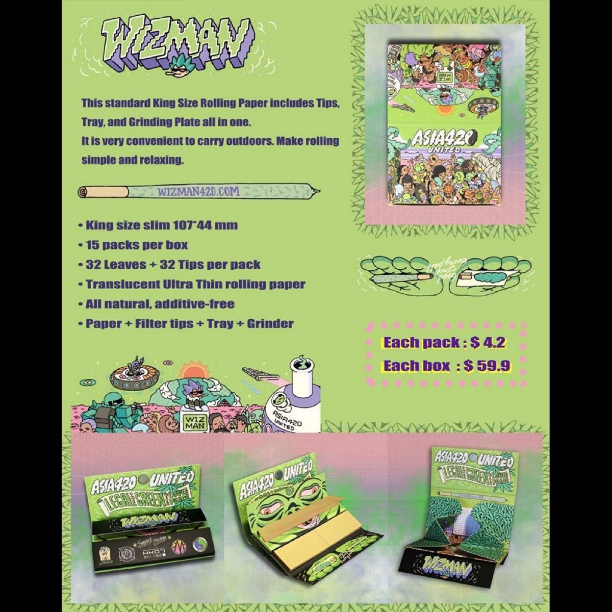 【タイランド産 巻紙】WIZMAN「ASIA420 UNUTED」ローリングペーパー （オールインワンセット）シャグ チル