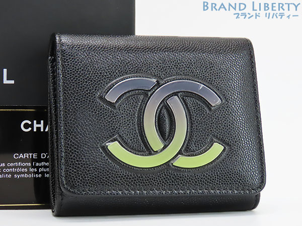 新古品 シャネル グラデーション ココマーク キャビアスキン 三つ折り札入れ財布 コンパクト財布 ミニウォレット ブラック 女性用財布