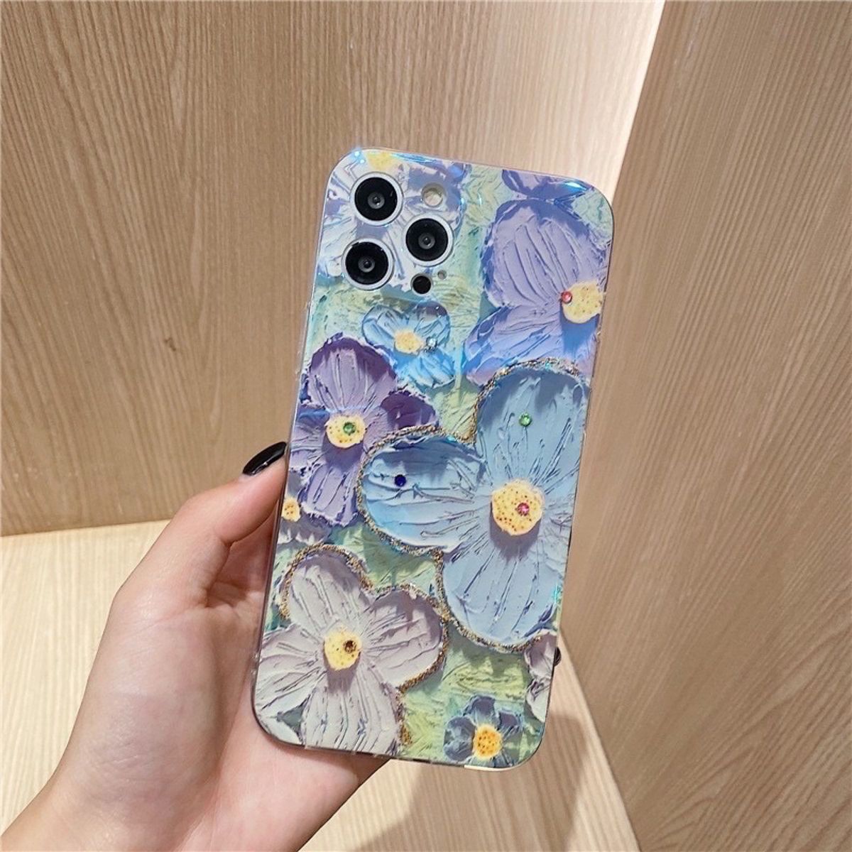 184.iPhone14 ケース 花柄 ブルー  油絵風 立体感 おしゃれ 