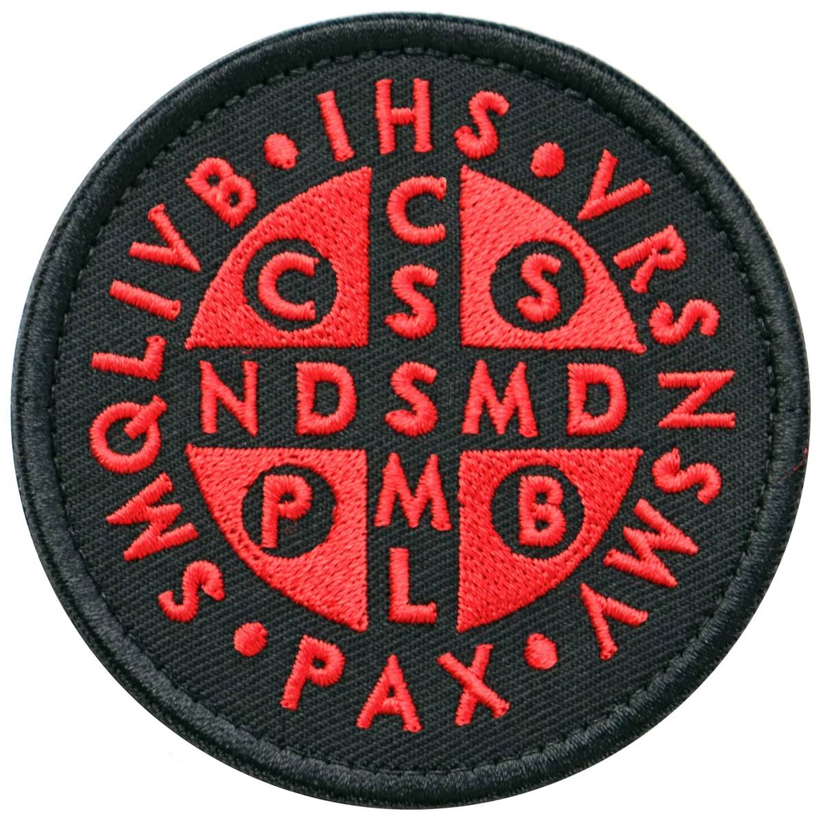 ワッペン 聖ベネディクトのメダイ マジックテープ（ベルクロ・面ファスナー）着脱式 ミリタリー サバゲー 刺繍パッチ（赤/黒）