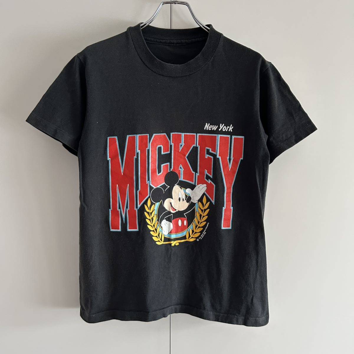 90s Disney ディズニー ミッキーマウス カレッジプリントTシャツ S-M程度 袖裾シングル ブラック sherryボディ 古着 ヴィンテージ_画像2