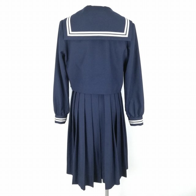 1円 セーラー服 ジャンパースカート スカーフ 上下3点セット 大きいサイズ 冬物 白2本線 女子 学生服 中学 高校 紺 中古 ランクC NA1964_画像2