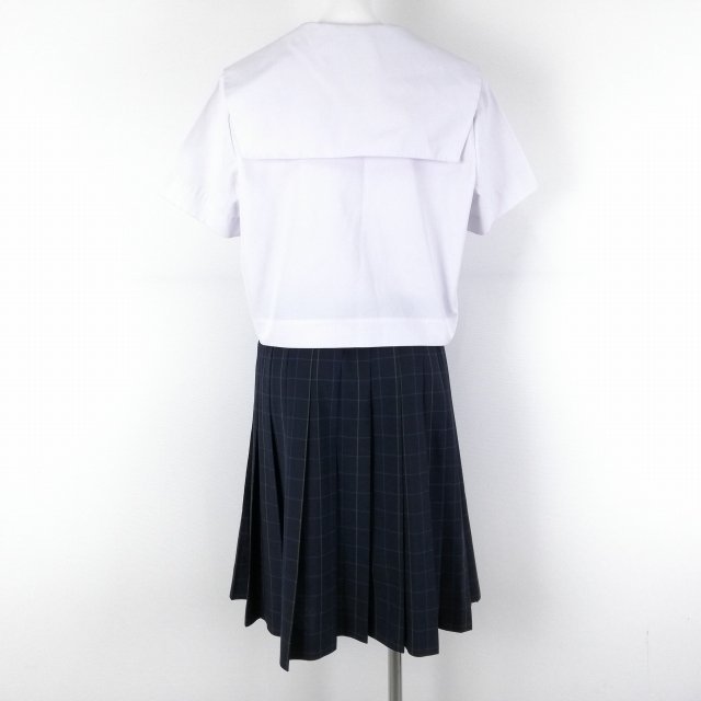 1円 セーラー服 チェックスカート スカーフ 上下3点セット 大きいサイズ 夏物 女子 学生服 中学 高校 白 制服 中古 ランクC NA1984_画像2