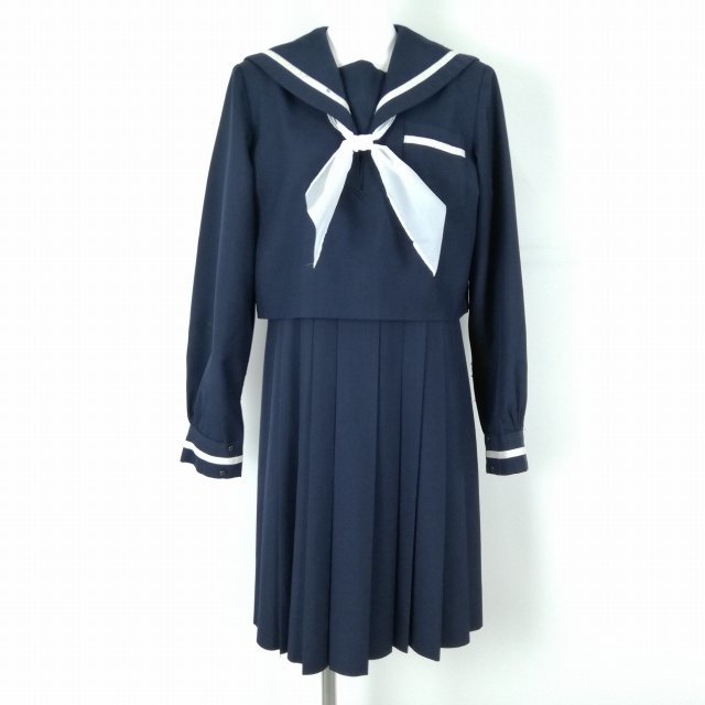 1円 セーラー服 ジャンパースカート スカーフ 上下3点セット 冬物 白1本線 女子 学生服 中学 高校 紺 制服 中古 ランクC NA2181_画像1