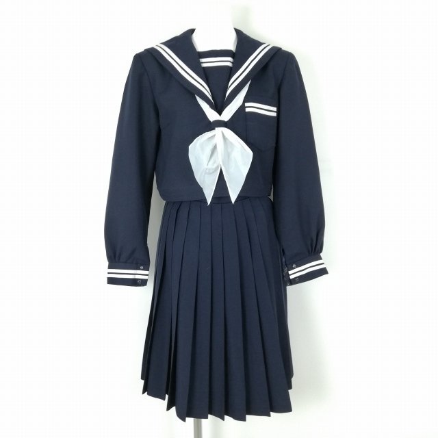 1円 セーラー服 スカート スカーフ 上下3点セット 冬物 白2本線 女子 学生服 中学 高校 紺 制服 中古 ランクC NA2359_画像1