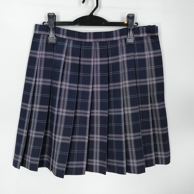 1円 スクールスカート 大きいサイズ 冬物 w80-丈50 チェック 中学 高校 プリーツ 学生服 制服 女子 中古 HK3688_画像1