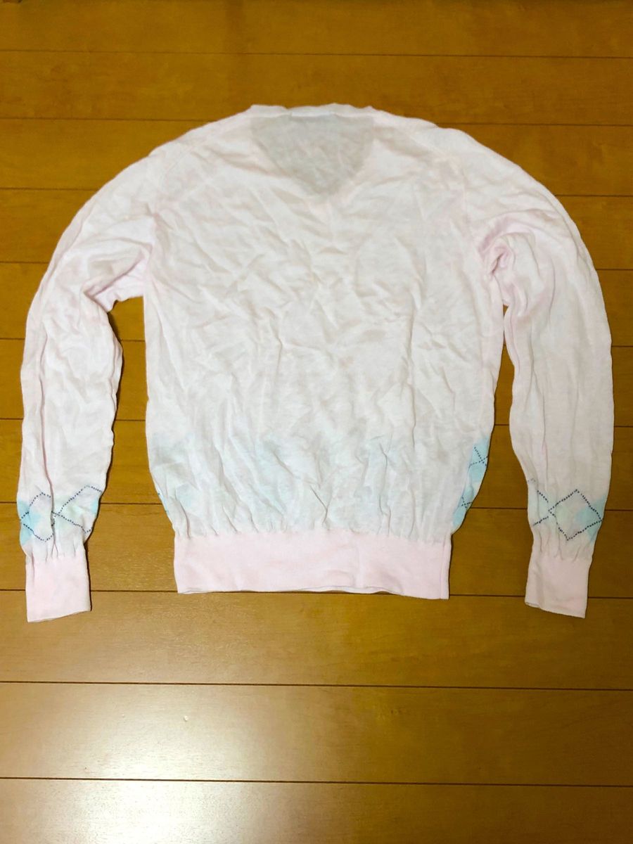 ニット ニットセーター 長袖　メンズ Ｌ　麻×綿　ピンク　アーガイル　美品　グローバルワーク　サマーセーター