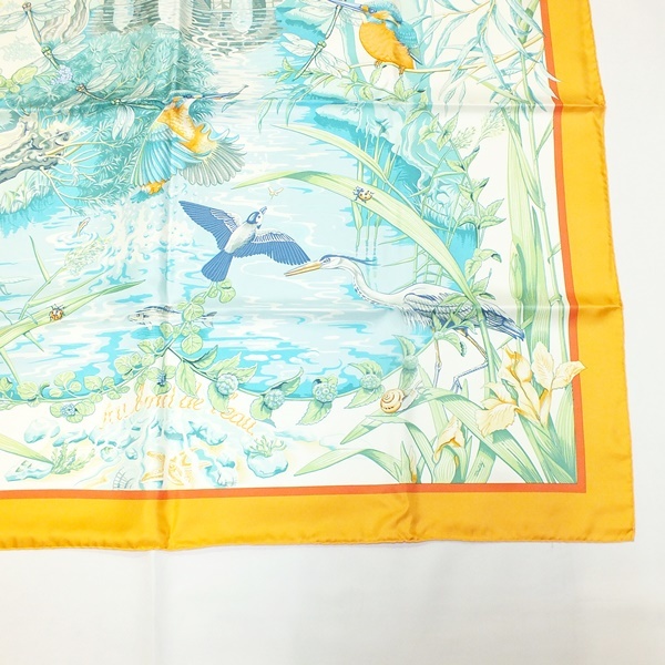 HERMES エルメス au bord de l'eau カレ90 シルクスカーフ 翡翠鳥 カワセミ　中古品 used A_画像5