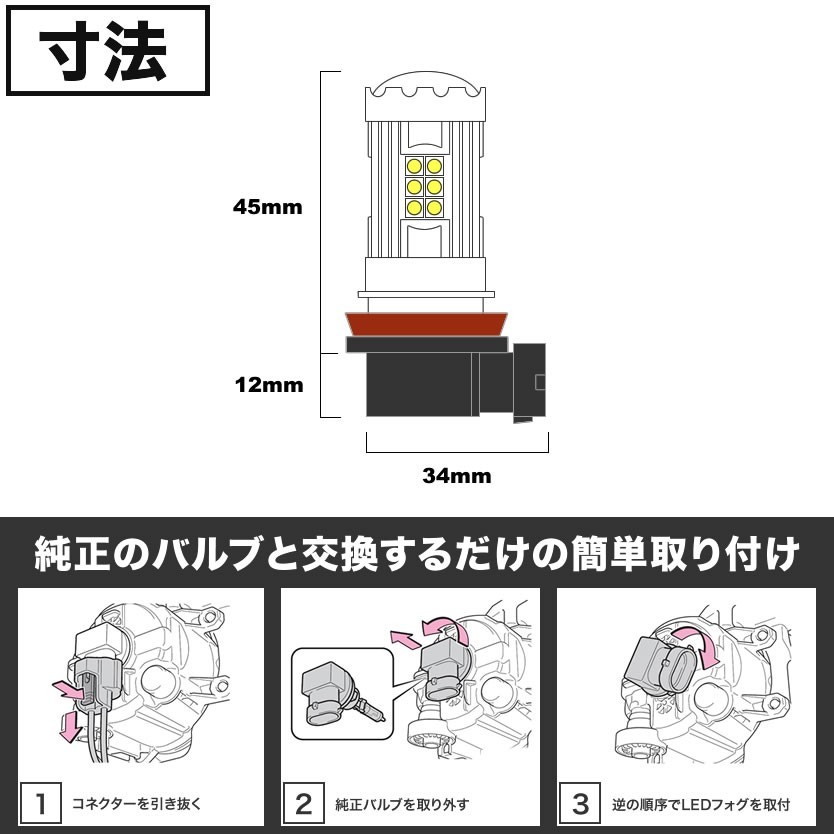 ATH20系 アルファードハイブリッド LEDフォグ 27連SMD H11 12V 1600ルーメン 喧嘩上等 ホワイト 白_画像3