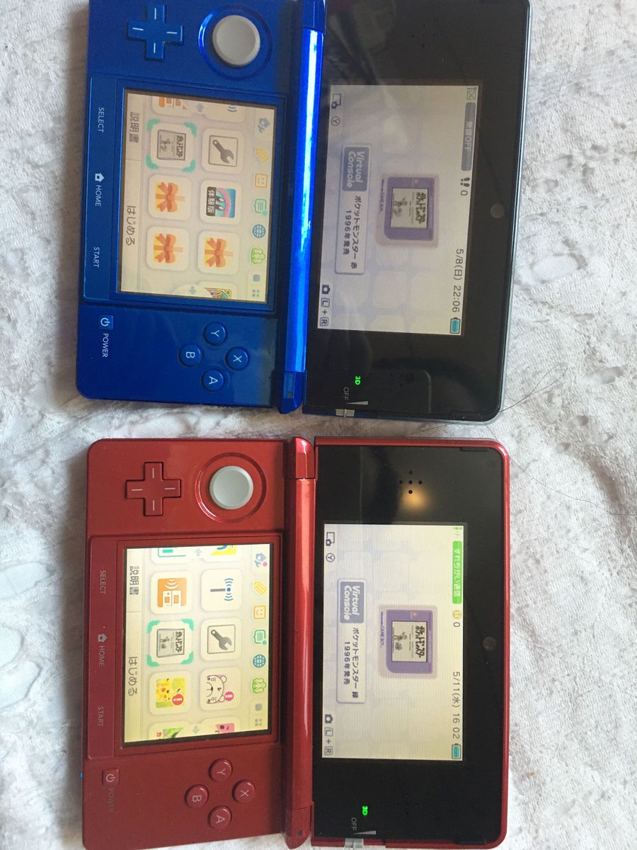 3ds レッド　ブルー　2台 ニンテンドー　VCポケモン　ダウンロードソフト内蔵　初代ポケモン　赤　緑　図鑑完成可能セット　本体