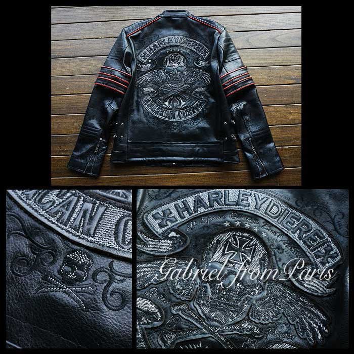 最高峰22万■GABRIEL 最上級ナッパ 超豪華刺繍 ドクロ カウハイド ライダース レザージャケット/42/XXL_画像3