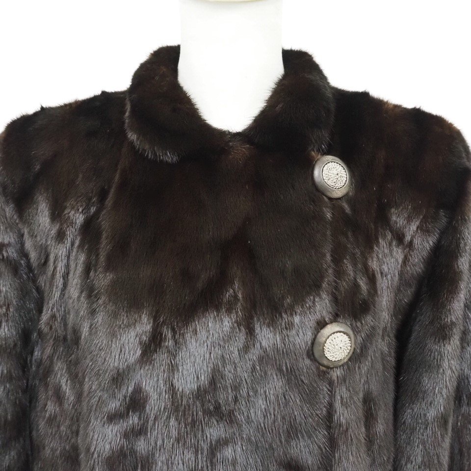 美品【YVES SAINT LAURENT/金 SAGA MINK ROYAL/裏地YSL総ロゴ入り】高級毛皮 ダークミンク ◆セミロングコート 90cm丈/黒色に近いDB◆S678Y_画像2