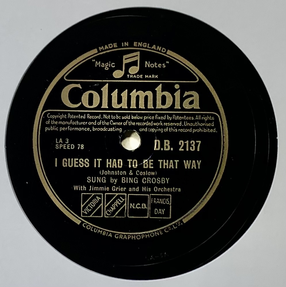 BING CROSBY /I GUESS IT HAD TO BE THAT WAY/STARLIGHT / (COLUMBIA D.B.2137) SP record 78 RPM ( britain )