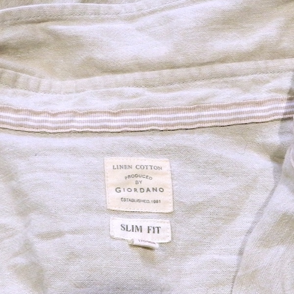 GIORDANO ジョルダーノ スリムフィット 麻 コットン 2WAY 袖 ロゴ 長袖シャツ ドレスシャツ デザインシャツ グレー 薄い ベージュ Mの画像4