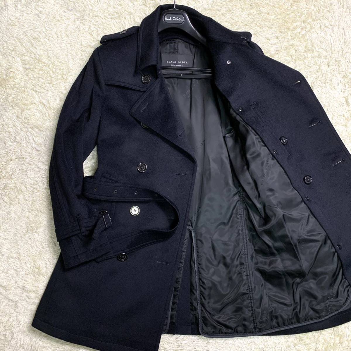 極美品/最高級カシミヤ BURBERRY BLACK LABEL バーバリー ブラックレーベル トレンチコート ロング Lサイズ ライナー ベルト ネイビー 紺 _画像1