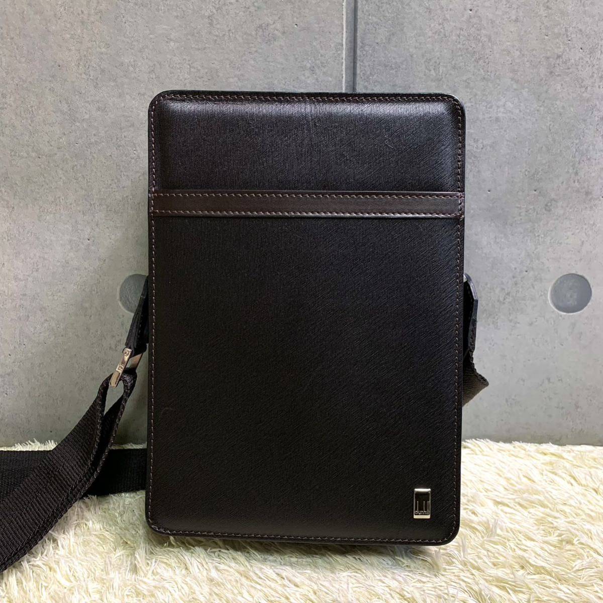 1円 未使用展示品 dunhill ダンヒル ショルダーバッグ ボディ サコッシュ メッセンジャー ダークブラウン 黒系 斜め掛け レザー 本革 総柄_画像2