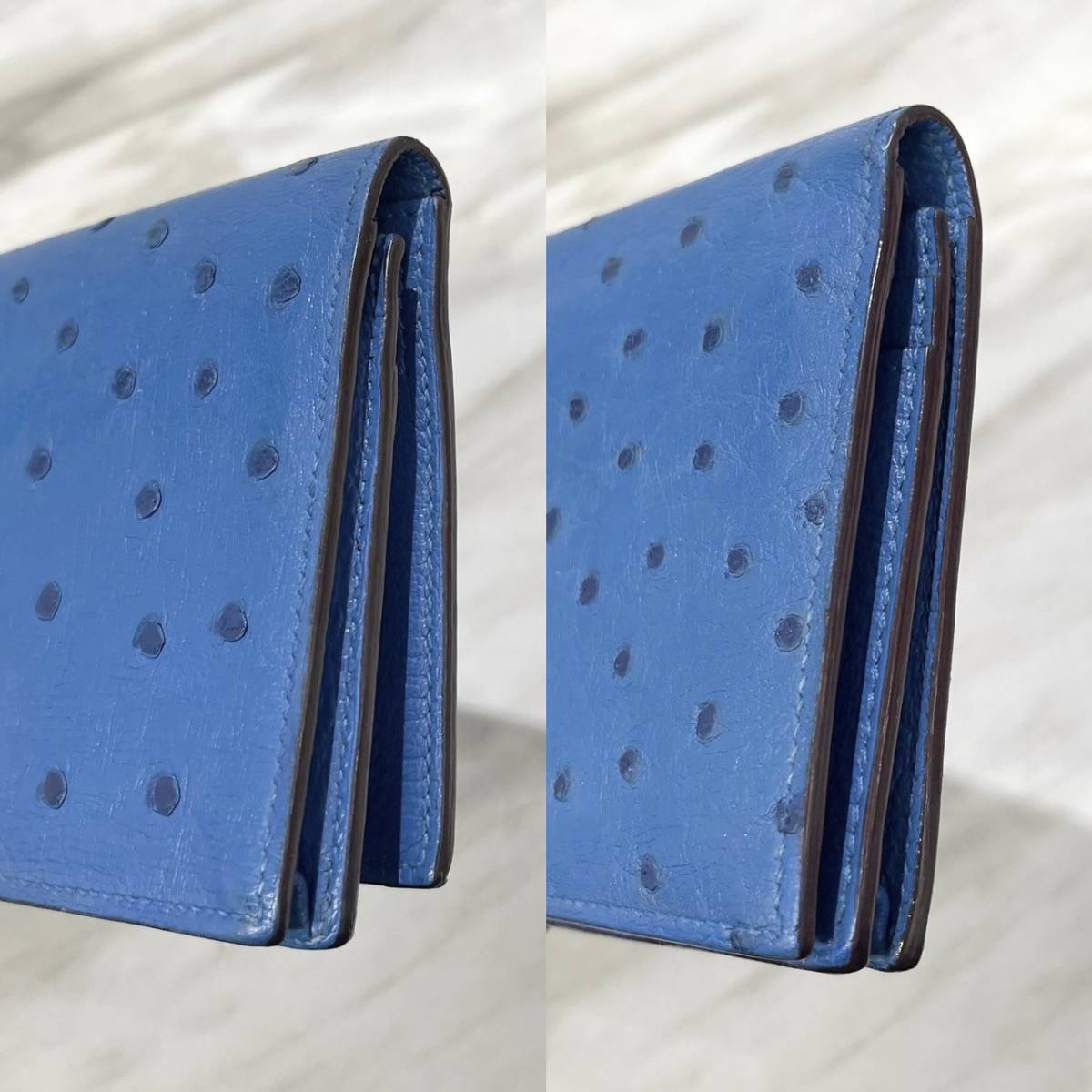 美品 エルメス 長財布 ベアンスフレ オーストリッチ 青 P刻印 美品 エルメス 長財布 ベアンスフレ オーストリッチ 青 P刻印