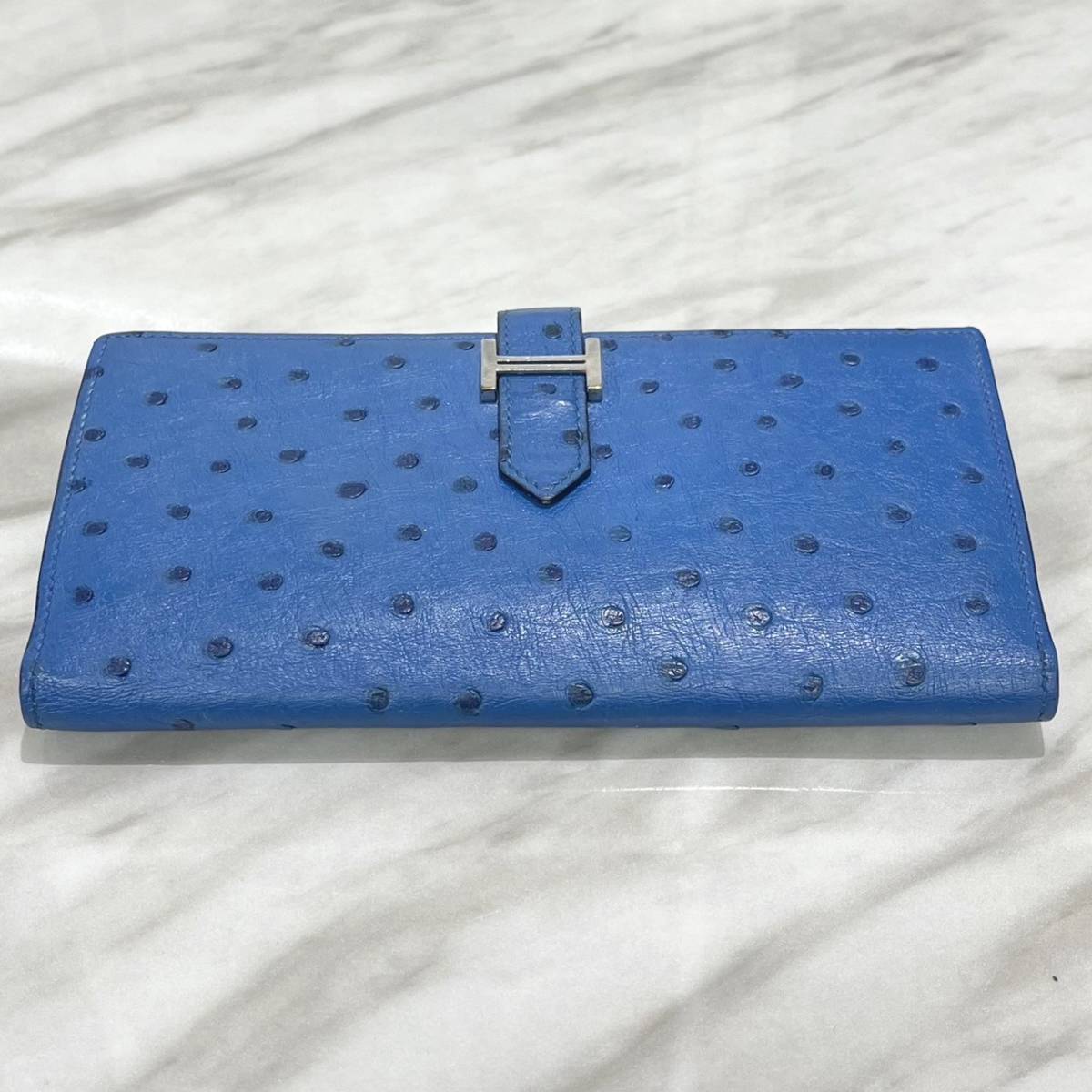 美品 エルメス 長財布 ベアンスフレ オーストリッチ 青 P刻印 美品 エルメス 長財布 ベアンスフレ オーストリッチ 青 P刻印