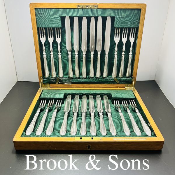 【Brook & Sons】パストリーセット ナイフ/フォーク　12名用24本 【シルバープレート】木製ケース