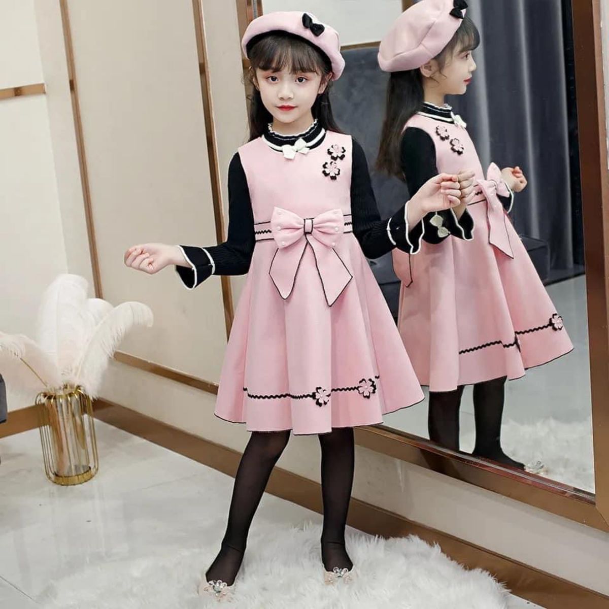 【可愛い】 フォーマル 4点セット ピンク 女の子 プリンセス パール ボレロ ニット トップス ベレー帽 綺麗 子ども 結婚式