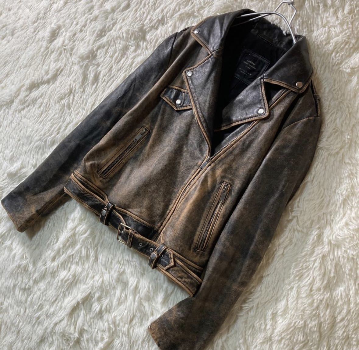 美品】ZARA ビンテージ加工 レザー ダブルライダース ジャケット 美品】ZARA ビンテージ加工 レザー ダブルライダース ジャケット