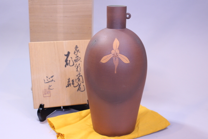 e-3862　今井政之作　象嵌彩蘭花花瓶　共箱　花器　花入