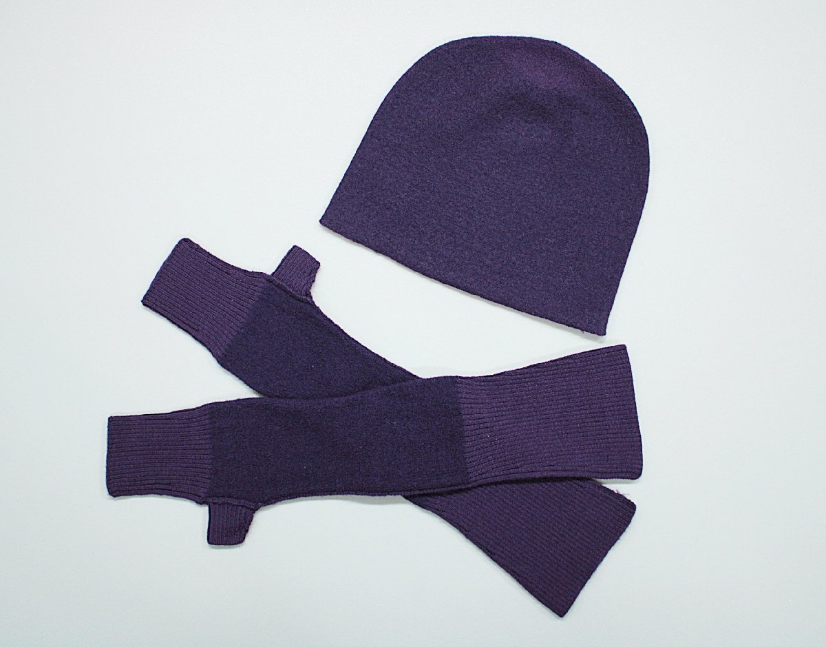 美品 ヨーガンレール ウール100％ニットキャップ＆デミグラブ手袋セット 紫 ak330_画像1