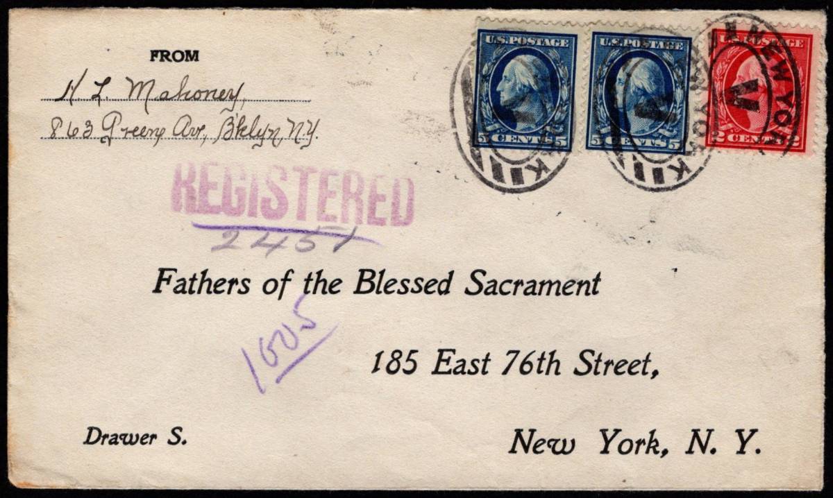 アメリカ切手　1908年シリーズ 2￠、５￠２枚貼カバー、国内書留書状（#378, #406）_画像1